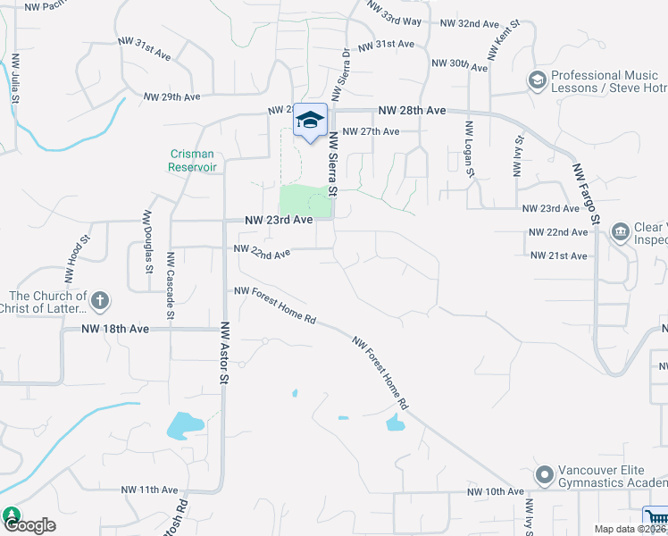 map of restaurants, bars, coffee shops, grocery stores, and more near 2031 Northwest Sierra Way in Camas