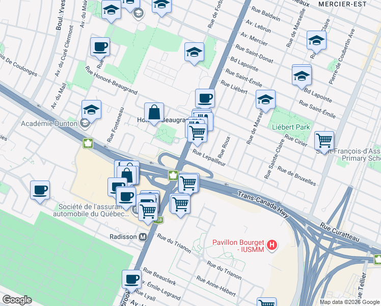 map of restaurants, bars, coffee shops, grocery stores, and more near 7744 Rue Sherbrooke Est in Montréal