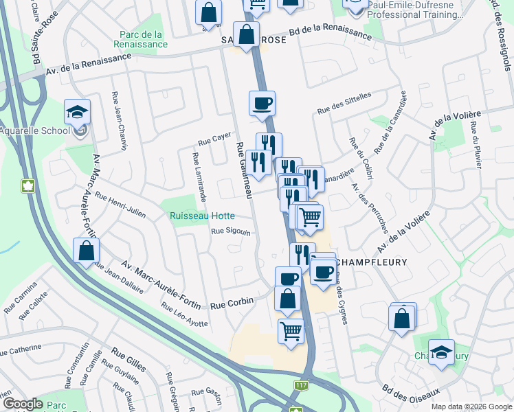 map of restaurants, bars, coffee shops, grocery stores, and more near 6695 Rue Galarneau in Laval