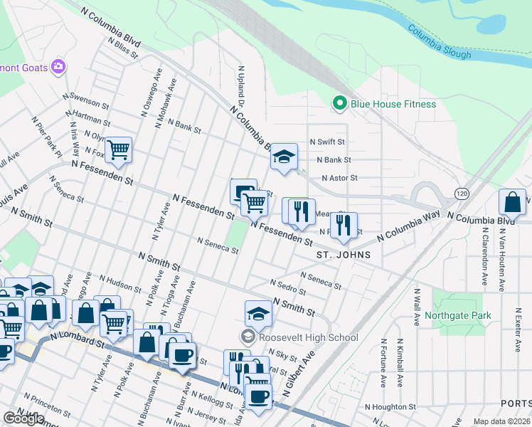 map of restaurants, bars, coffee shops, grocery stores, and more near 1219 North Fessenden Street in Portland