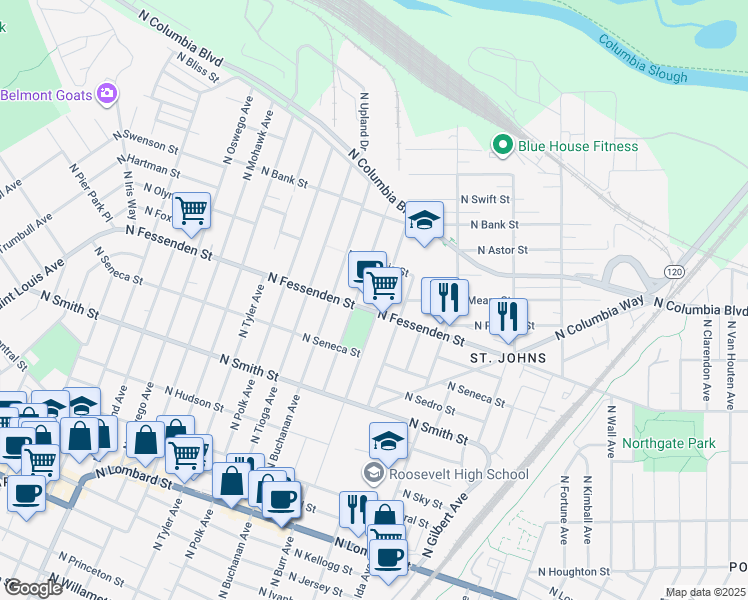 map of restaurants, bars, coffee shops, grocery stores, and more near 7405 North Fessenden Street in Portland