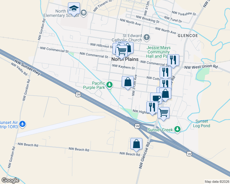 map of restaurants, bars, coffee shops, grocery stores, and more near 10285 Northwest 314th Avenue in North Plains