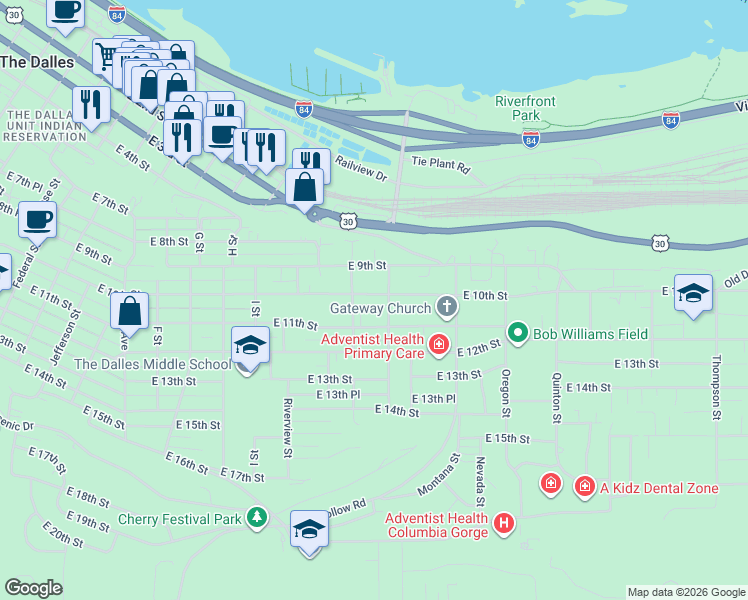 map of restaurants, bars, coffee shops, grocery stores, and more near 1525 East 11th Street in The Dalles