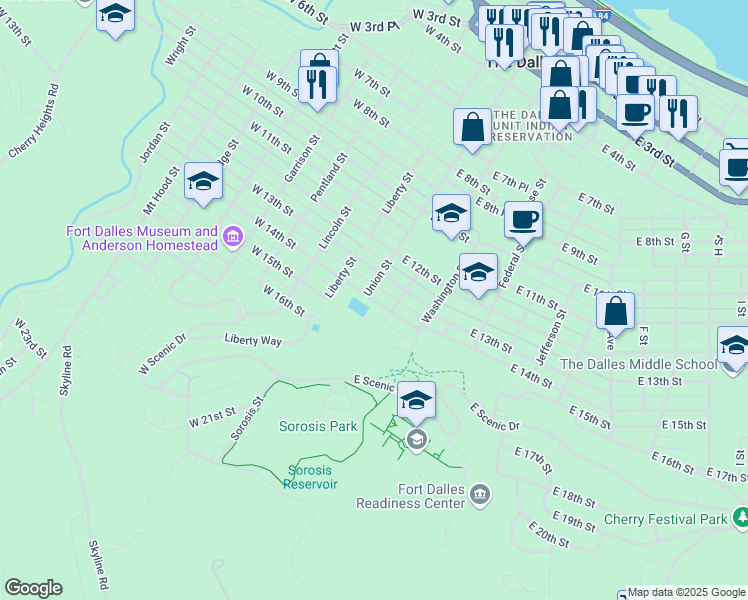 map of restaurants, bars, coffee shops, grocery stores, and more near 1508 Court Street in The Dalles