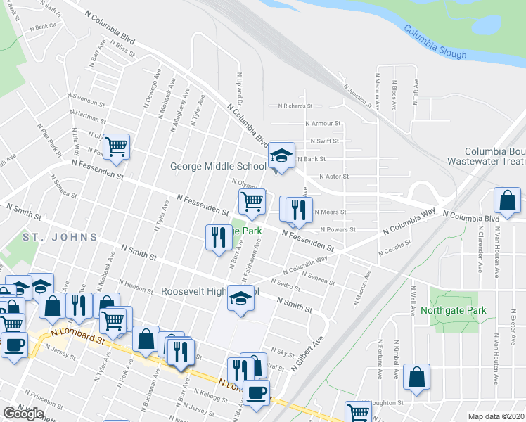 map of restaurants, bars, coffee shops, grocery stores, and more near 1219 North Fessenden Street in Portland