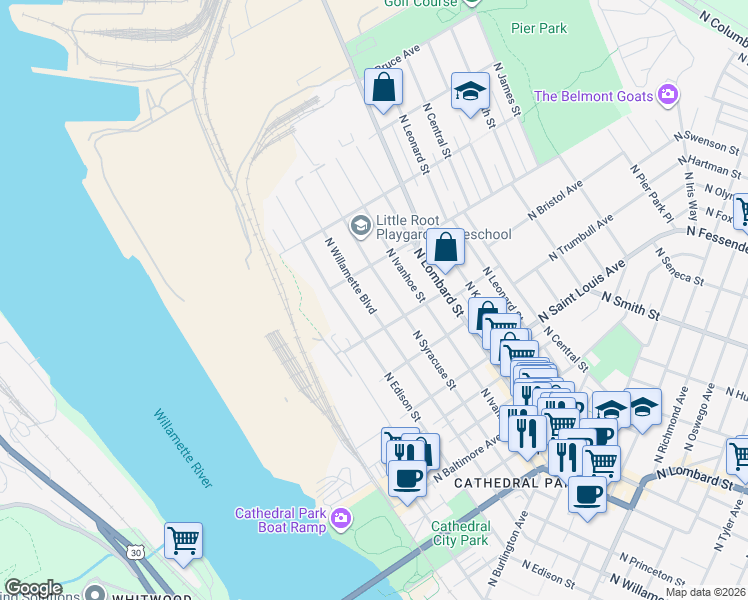 map of restaurants, bars, coffee shops, grocery stores, and more near 9529 North Edison Street in Portland
