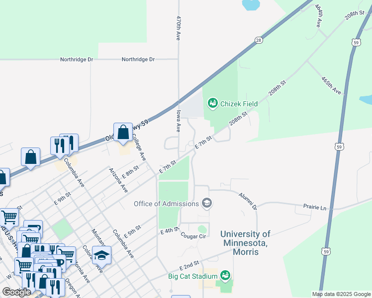 map of restaurants, bars, coffee shops, grocery stores, and more near 806 East 7th Street in Morris