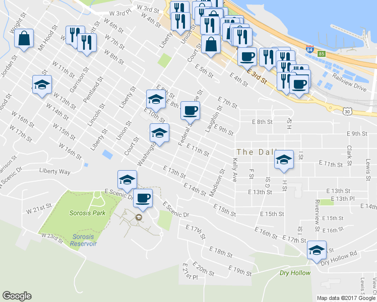 map of restaurants, bars, coffee shops, grocery stores, and more near 412 East 11th Street in The Dalles