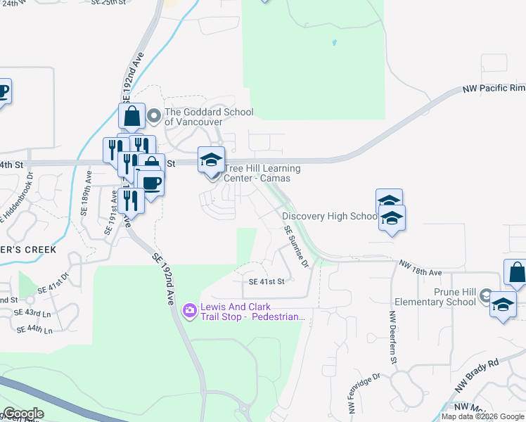 map of restaurants, bars, coffee shops, grocery stores, and more near 19816 Southeast Lacy Way in Camas