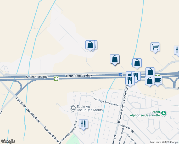 map of restaurants, bars, coffee shops, grocery stores, and more near Rue de l'Industrie in Beloeil