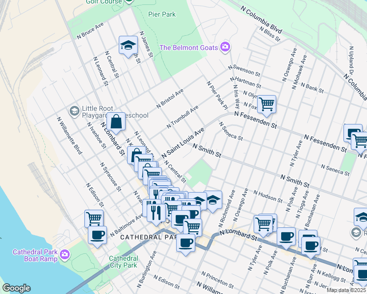 map of restaurants, bars, coffee shops, grocery stores, and more near 9040 North Saint Louis Avenue in Portland