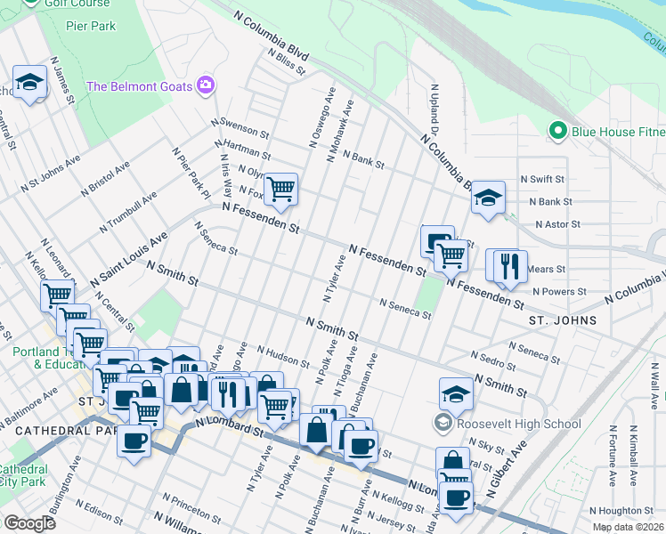 map of restaurants, bars, coffee shops, grocery stores, and more near 9435 North Tyler Avenue in Portland