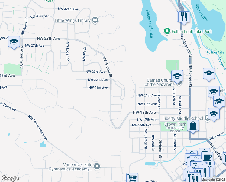 map of restaurants, bars, coffee shops, grocery stores, and more near 2041 Northwest Fargo Court in Camas