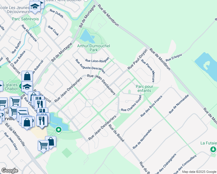 map of restaurants, bars, coffee shops, grocery stores, and more near Rue Paul Doyon in Boucherville