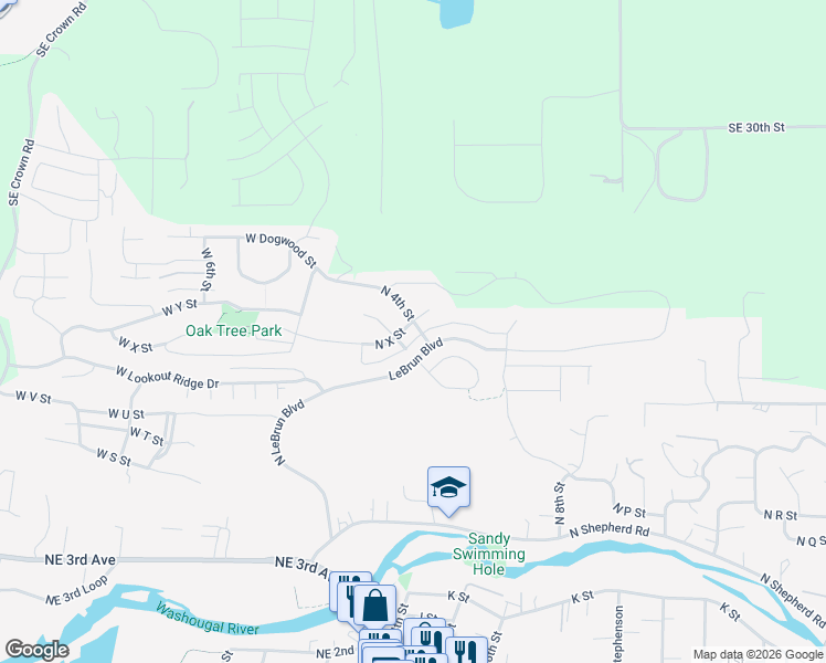 map of restaurants, bars, coffee shops, grocery stores, and more near 2385 North 4th Street in Washougal