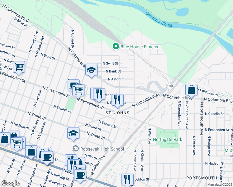 map of restaurants, bars, coffee shops, grocery stores, and more near 6827 North Powers Street in Portland