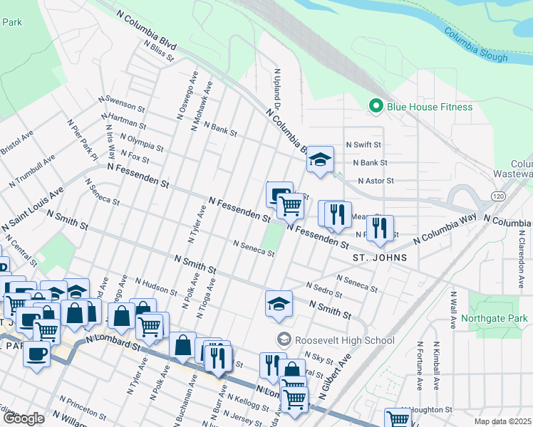 map of restaurants, bars, coffee shops, grocery stores, and more near 7405 North Fessenden Street in Portland