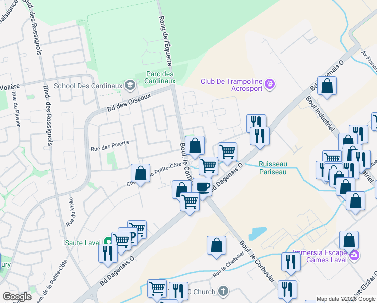 map of restaurants, bars, coffee shops, grocery stores, and more near 1974 Rue des Orioles in Laval