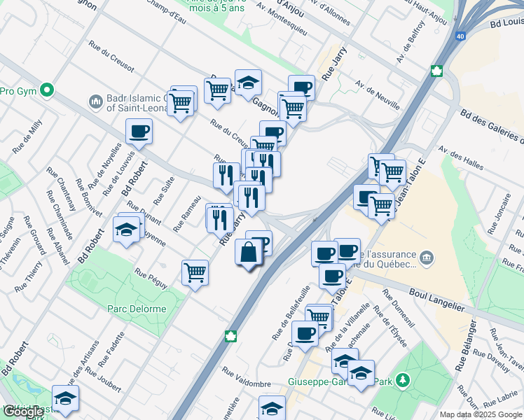 map of restaurants, bars, coffee shops, grocery stores, and more near 8000 Boulevard Langelier in Montréal