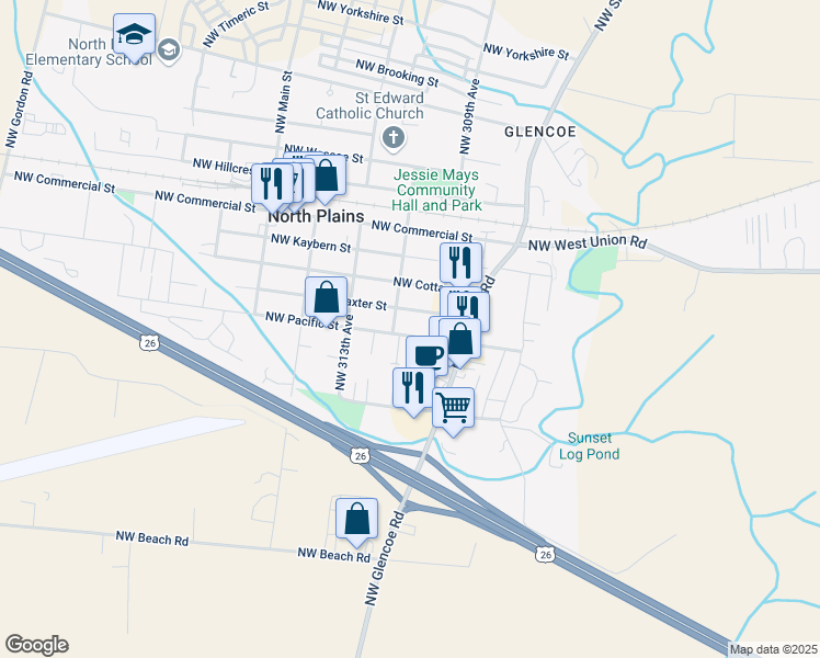 map of restaurants, bars, coffee shops, grocery stores, and more near 31035 Northwest Pacific Street in North Plains