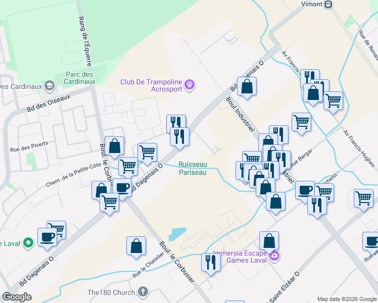 map of restaurants, bars, coffee shops, grocery stores, and more near 1490 Boulevard Dagenais Ouest in Laval