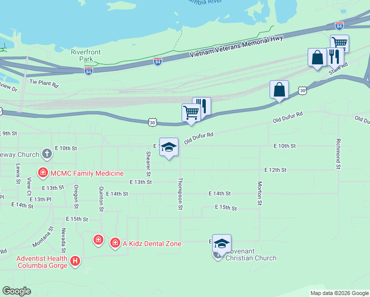 map of restaurants, bars, coffee shops, grocery stores, and more near 2406 East 10th Street in The Dalles