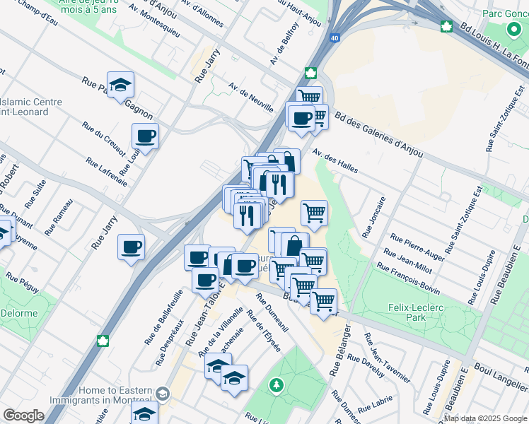 map of restaurants, bars, coffee shops, grocery stores, and more near 6799 Rue Jean-Talon Est in Montréal