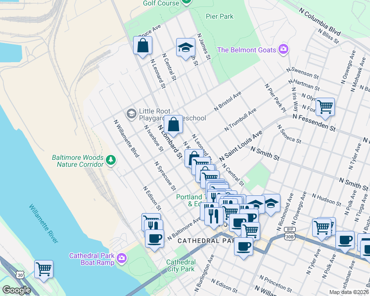 map of restaurants, bars, coffee shops, grocery stores, and more near 9332 North Kellogg Street in Portland