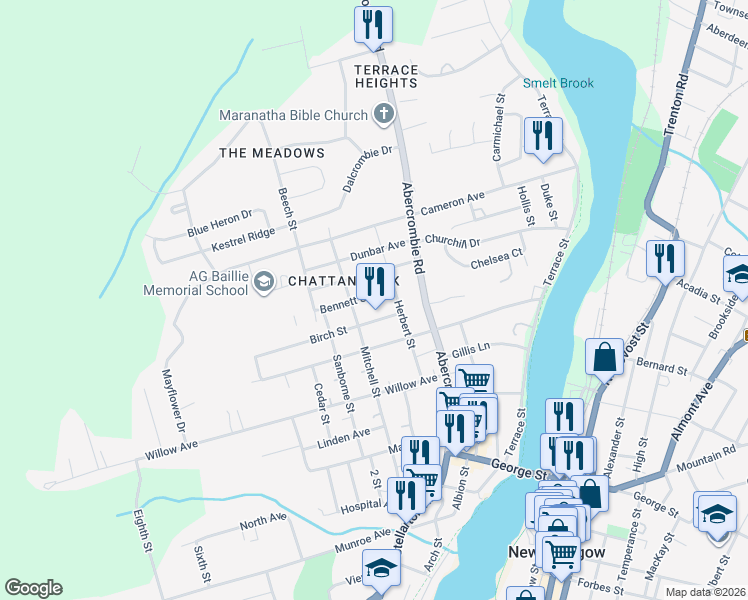 map of restaurants, bars, coffee shops, grocery stores, and more near 344 Bennett Street in New Glasgow