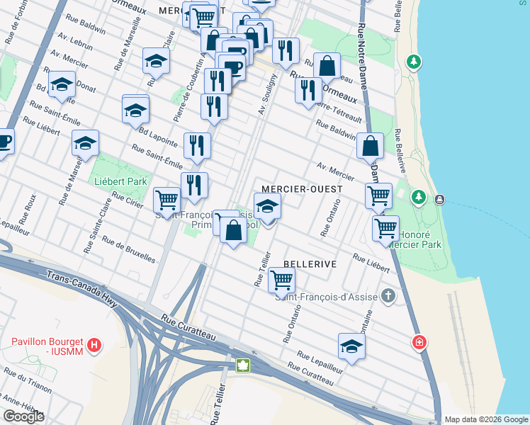 map of restaurants, bars, coffee shops, grocery stores, and more near 2175 Rue Liébert in Montreal