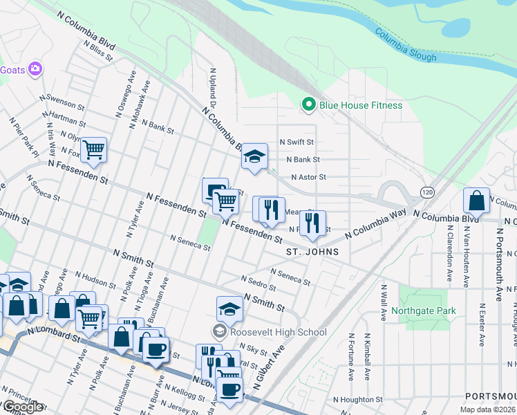 map of restaurants, bars, coffee shops, grocery stores, and more near 7045 North Mears Street in Portland