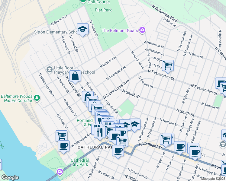 map of restaurants, bars, coffee shops, grocery stores, and more near 9135 North Smith Street in Portland