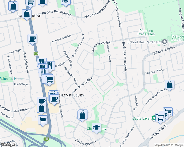 map of restaurants, bars, coffee shops, grocery stores, and more near 2575 Avenue de la Volière in Laval