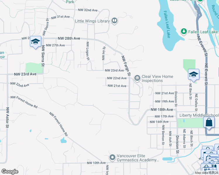 map of restaurants, bars, coffee shops, grocery stores, and more near 988 Northwest 21st Avenue in Camas