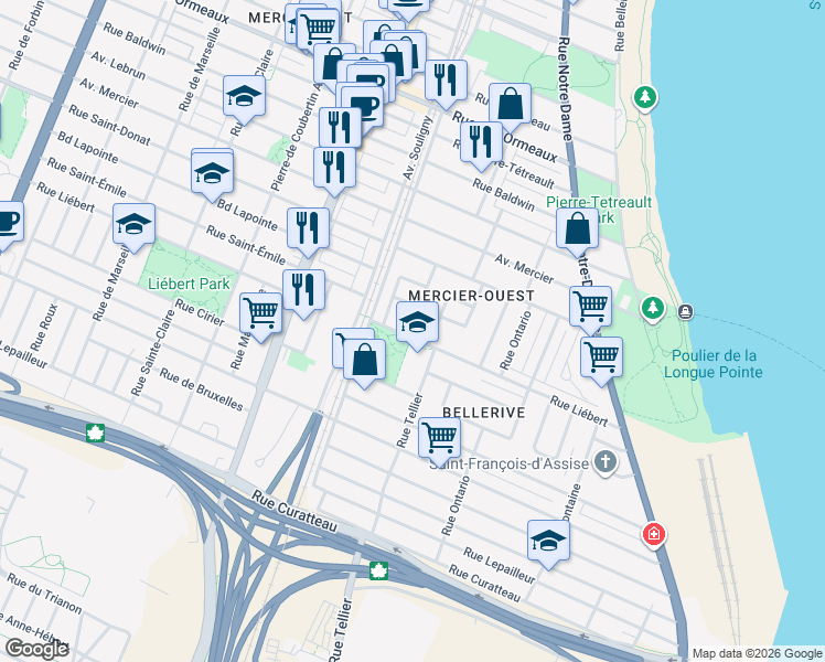 map of restaurants, bars, coffee shops, grocery stores, and more near 2175 Rue Liébert in Montréal