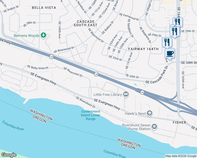 map of restaurants, bars, coffee shops, grocery stores, and more near 3606 Southeast 151st Court in Vancouver