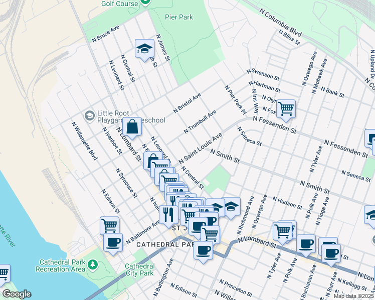 map of restaurants, bars, coffee shops, grocery stores, and more near 9135 North Smith Street in Portland
