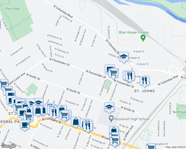 map of restaurants, bars, coffee shops, grocery stores, and more near 9481 North Tioga Avenue in Portland