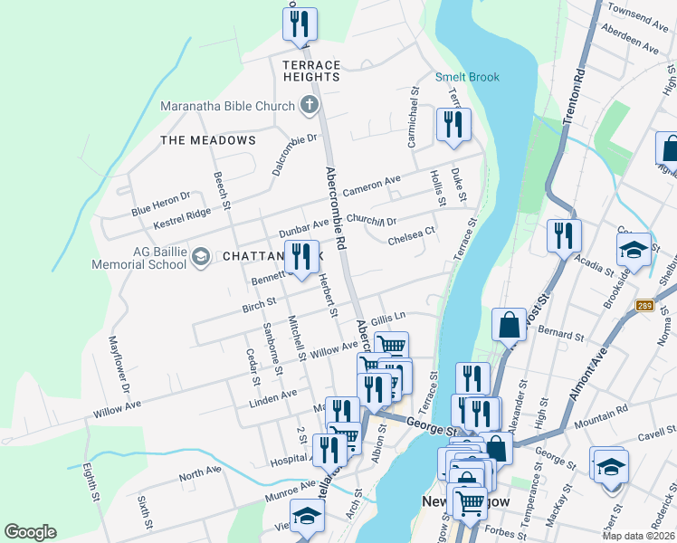 map of restaurants, bars, coffee shops, grocery stores, and more near 265 Abercrombie Road in New Glasgow