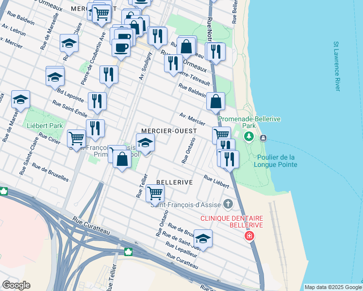 map of restaurants, bars, coffee shops, grocery stores, and more near 8330 Rue Baillargé in Montreal