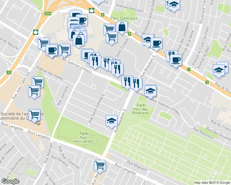 map of restaurants, bars, coffee shops, grocery stores, and more near 6935 Avenue David-d'Angers in Montréal