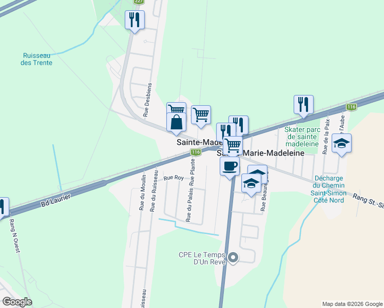 map of restaurants, bars, coffee shops, grocery stores, and more near 65 Rue Plante in Sainte-Madeleine
