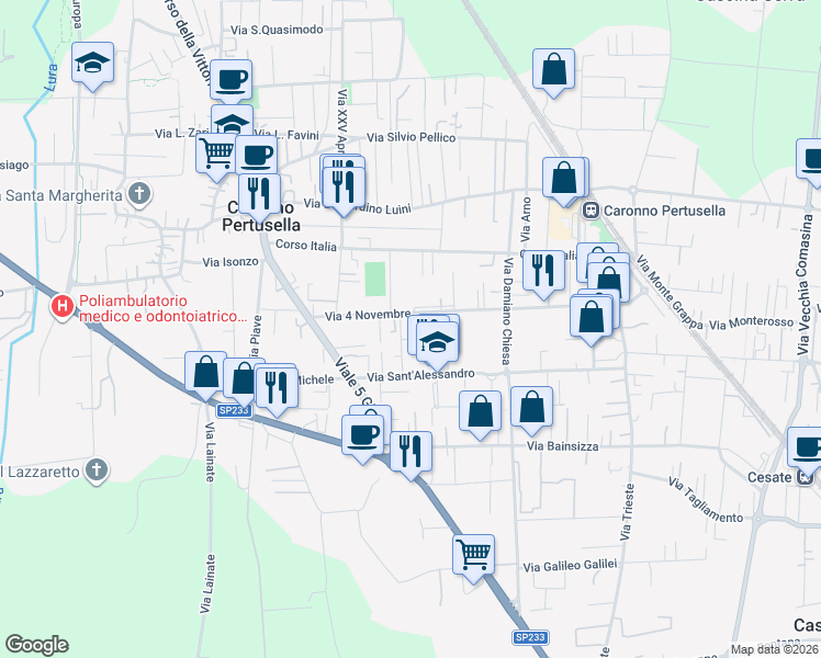 map of restaurants, bars, coffee shops, grocery stores, and more near 321 Via 4 Novembre in Caronno Pertusella