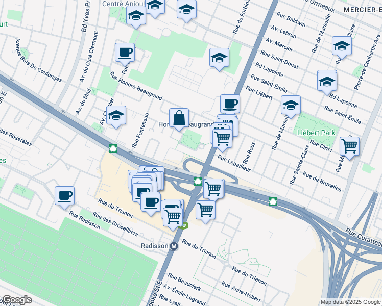 map of restaurants, bars, coffee shops, grocery stores, and more near 4750 Rue Joseph-A.-Rodier in Montréal
