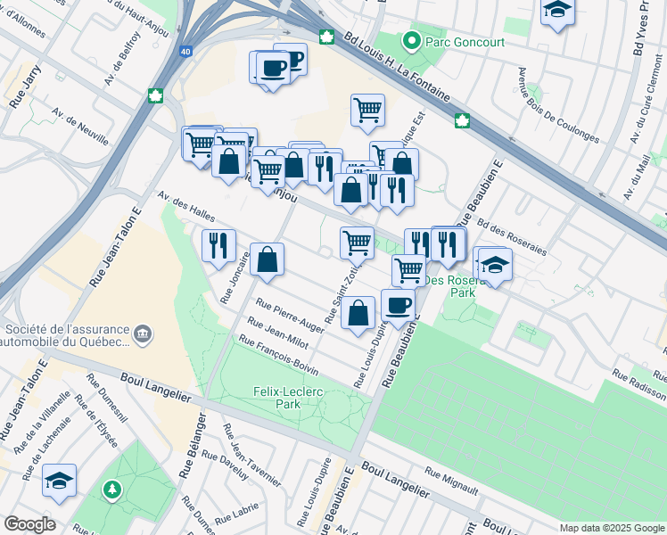 map of restaurants, bars, coffee shops, grocery stores, and more near 7260 Avenue de Beaufort in Montréal