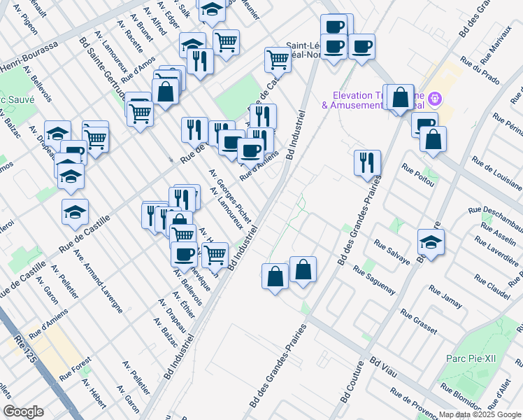 map of restaurants, bars, coffee shops, grocery stores, and more near 5151 Boulevard Industriel in Montreal
