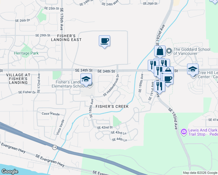 map of restaurants, bars, coffee shops, grocery stores, and more near 18115 Southeast 36th Street in Vancouver
