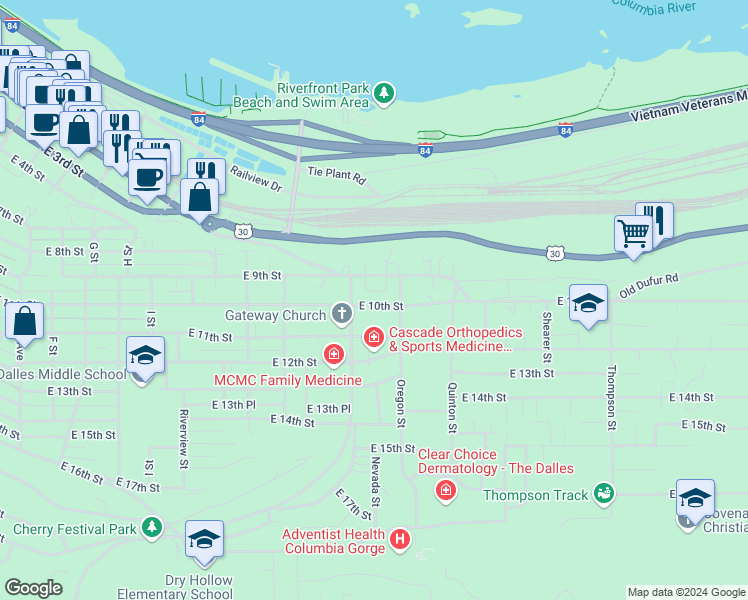 map of restaurants, bars, coffee shops, grocery stores, and more near 1715 East 10th Street in The Dalles