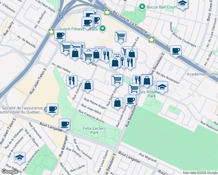 map of restaurants, bars, coffee shops, grocery stores, and more near 7260 Avenue de Beaufort in Montréal