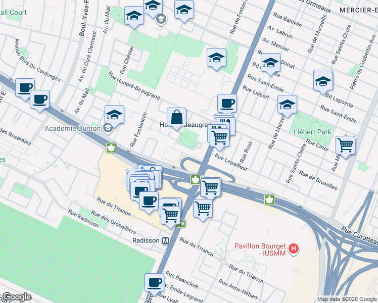 map of restaurants, bars, coffee shops, grocery stores, and more near 4750 Rue Joseph-A.-Rodier in Montréal